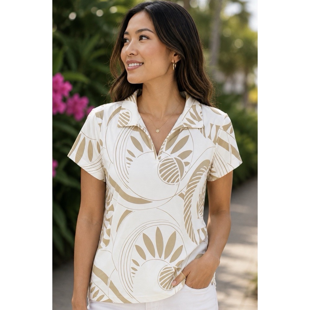 Izod XFG Cool Fx Polo Shirt Women's Size L Beige White Floral Short Sleeve Golf